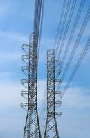 High-voltage of power transmission towers on blue sky background photo