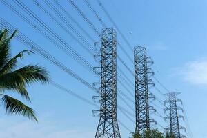 High-voltage of power transmission towers on blue sky background photo