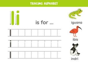 Tracing all letters of English alphabet. Preschool activity for kids. Writing uppercase and lowercase letter I. Printable worksheet. Cute illustration of iguana, indri, ibis. vector