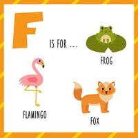 Learning English alphabet for kids. Letter F. Cute cartoon frog flamingo and fox. vector