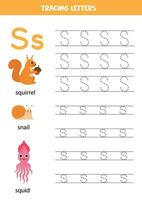 Tracing alphabet letters for kids. Animal alphabet.  Letter s is for squirrel snail squid. vector