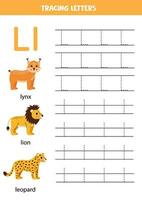 Tracing alphabet letters for kids. Animal alphabet. Letter L is for lion leopard and lynx. vector