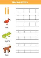 Tracing alphabet letters for kids. Animal alphabet.  Letter i is for iguana ibis and ibex. vector