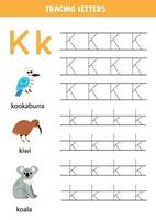 Tracing alphabet letters for kids. Animal alphabet. Letter K is for kookaburra kiwi kola. vector