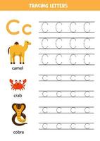 Tracing alphabet letters for kids. Animal alphabet. Letter c is for camel crab and cobra. vector