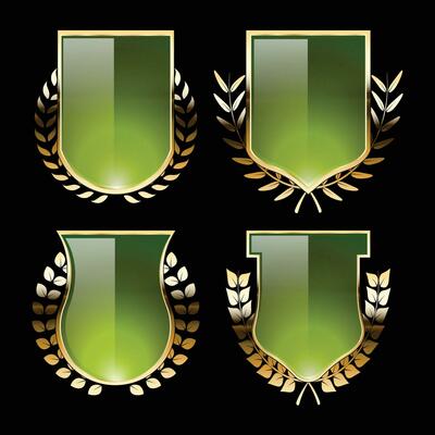 Luxury golden green shield badges and labels. Retro vintage heraldic shield badge design