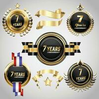 7 years anniversary logo with golden ribbon. Set of Vintage Anniversary Badges Celebration vector