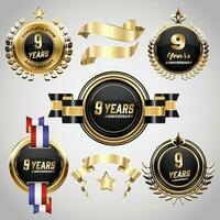 9 years anniversary logo with golden ribbon. Set of Vintage Anniversary Badges Celebration vector