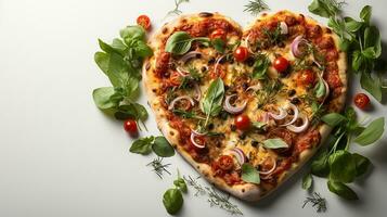 corazón conformado Pizza para san valentin día en pizarra en blanco antecedentes. ai generado foto