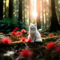potrait de blanco gato en el madera con flor y amanecer ver de ai generado foto