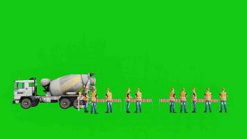 3d konstruktion arbetare arbetssätt med betong eller cement mixer lastbil på grön skärm video