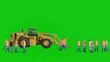 Group of 3d Worker with Bulldozer Moving on Green Screen Background video