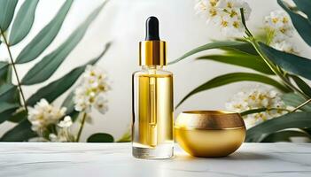 AI generated cosmetic bottle with golden serum on marble background. photo