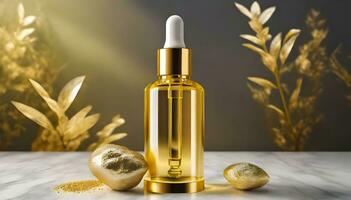 AI generated cosmetic bottle with golden serum on marble background. photo