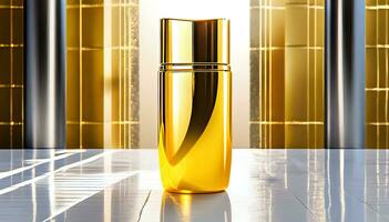 AI generated cosmetic bottle with golden serum on marble background. photo