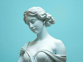 Ancient Greek Sculpture of a Woman with blue pastel background. ai generated. Antique female goddess Statue in profile. Minimalistic modern trendy y2k style. photo