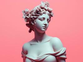 Ancient Greek Sculpture of a female goddess with pink pastel background. ai generated. Antique Statue of a Woman in profile. Modern trendy y2k style. photo