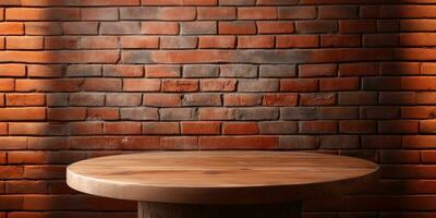 Empty Podium with Bricky Wall in the background. ai generated. Wooden round table in front of brick block. Banner photo