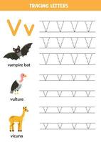 Tracing alphabet letters for kids. Animal alphabet. Letter v is for vampire bat vicuna vulture. vector