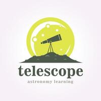 telescope logo on hill with supermoon background, space astronomy vintage vector icon design scope illustration design