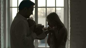 Mom and father are holding a newborn baby in their arms while standing near the window. video