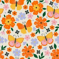 Seamless pattern with orange butterflies and flowers. Vector graphics.