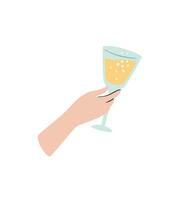 Christmas and Happy New Year isolated illustration. Hand with glass of champagne. Trendy retro style. Vector design template.