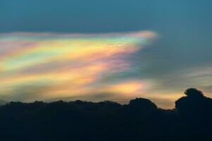 Cloud iridescence, or irisation, is a colorful light phenomenon that occurs in clouds. photo