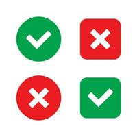 Green tick and red cross checkmarks flat icons. Yes or no symbol, approved or rejected icon for user interface. vector