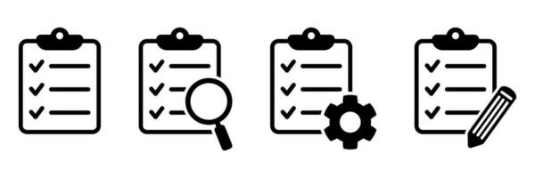 Clipboard icon. Checklist with gear, checkmarks, magnifier and pencil. Vector illustration.