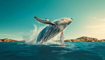 humpback whale jumping out of the water at sunset, The whale is spraying water and ready to fall on its back photo