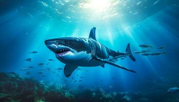 killer whale orcinus orca underwater close up looking for prey exposed to sunlight photo