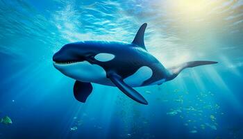 asesino ballena orcinus orca submarino cerca arriba mirando para presa expuesto a luz de sol foto