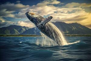 humpback whale jumping out of the water at sunset, The whale is spraying water and ready to fall on its back photo