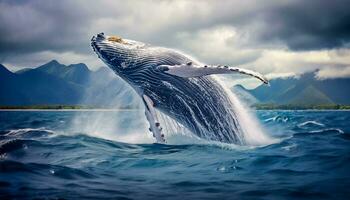 humpback whale jumping out of the water at sunset, The whale is spraying water and ready to fall on its back photo