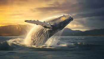 jorobado ballena saltando fuera de el agua a atardecer, el ballena es pulverización agua y Listo a otoño en sus espalda foto