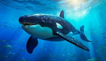 killer whale orcinus orca underwater close up looking for prey exposed to sunlight photo