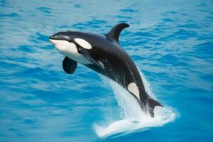 killer whale  jumping out of the water over the blue sea surface close up photo