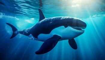 asesino ballena orcinus orca submarino cerca arriba mirando para presa expuesto a luz de sol foto