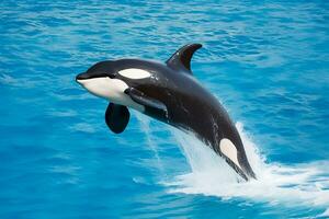 killer whale  jumping out of the water over the blue sea surface close up photo
