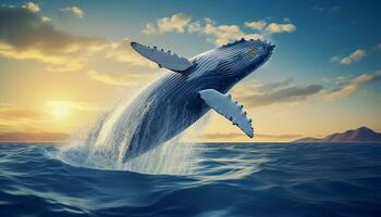 humpback whale jumping out of the water at sunset, The whale is spraying water and ready to fall on its back photo