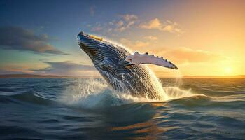 jorobado ballena saltando fuera de el agua a atardecer, el ballena es pulverización agua y Listo a otoño en sus espalda foto