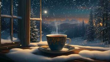 Ai generative, a cup of tea sits on a window sill in the snow video