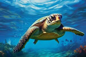 green sea turtle swimming near beautiful coral reef, under water sea turtles close up photo