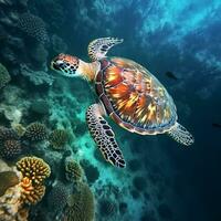 verde mar Tortuga nadando cerca hermosa coral arrecife, debajo agua mar tortugas cerca arriba foto