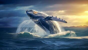 humpback whale jumping out of the water at sunset, The whale is spraying water and ready to fall on its back photo