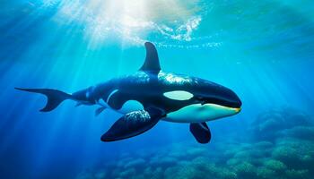 asesino ballena orcinus orca submarino cerca arriba mirando para presa expuesto a luz de sol foto