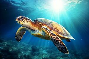 green sea turtle swimming near beautiful coral reef, under water sea turtles close up photo