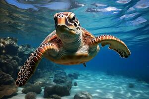 green sea turtle swimming near beautiful coral reef, under water sea turtles close up photo