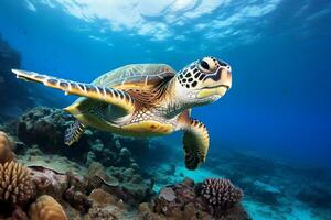 verde mar Tortuga nadando cerca hermosa coral arrecife, debajo agua mar tortugas cerca arriba foto